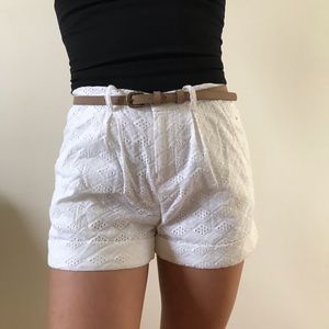 White Eyelet Shorts with Thin Brown Belt